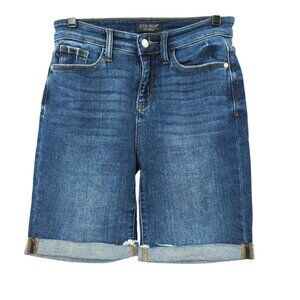 Judy Blue Denim Jean Shorts Bermuda Mid Rise Roll Cuff S Stretch Jorts Dark Wash